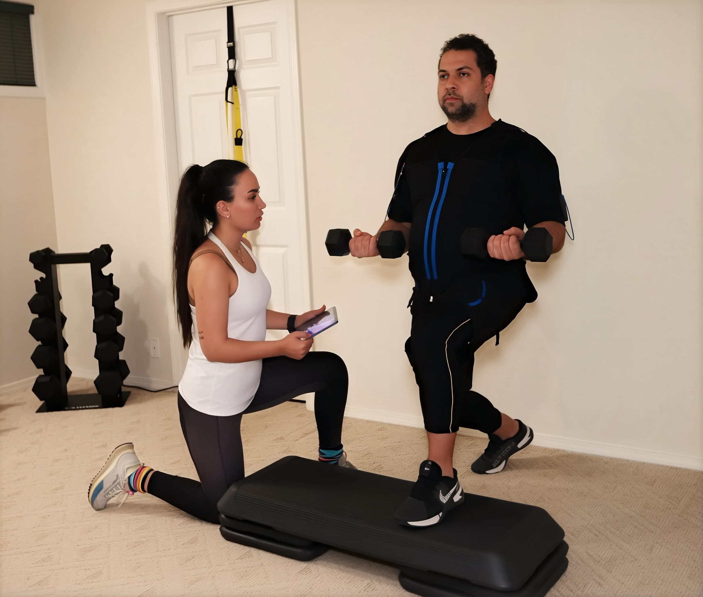 Mahnaz coaching a client through an EMS lunge movement.